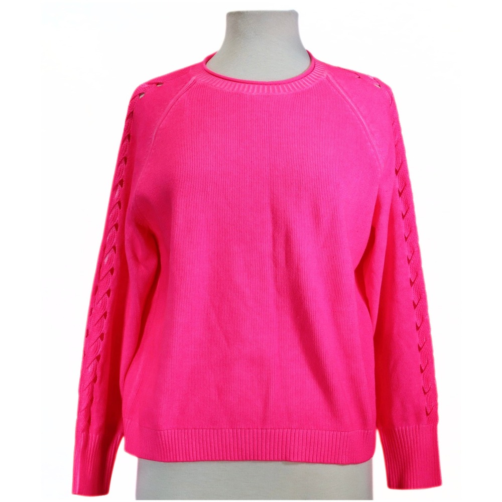 Lisa Todd Sweater Womens Large L Neon Pink Lattice Cut Out Cotton Knit Crew Neck